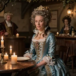 marie antoinette in a tavern at night with candles, wow 4 k detail fantasy, matte painting, realistic materials, photo realistic, postprocessing, cinematic, hyperrealistic, studio lighting, ekaterina, the tudors, photography by richard jenkins