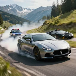 maserati drifting in mountains with lamborghini indian police car chasing, cinematic, photography by alexey kurylev, need for speed, movie, ultra detailed