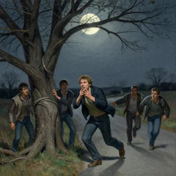 rough fingers bludgeoning his lips, he stumbled, turned, ran to the road, glanced once more where the twisted trunk raked five branches at the moon by marc simonetti, hugh ferriss, james paick, greg rutkowski, aaron horkey
