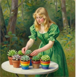 painting by Caspar David Friedrich of a beautiful blonde woman with shoulder length hair in a forest green dress putting colorful succulents into rainbow pots at a square table