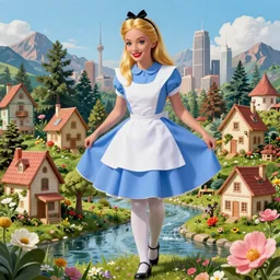 giant alice in wonderland, pin up, houses, trees, mountains, woman, city, digital art, photo, blue dress, photoshop, flowers, collage, river, below