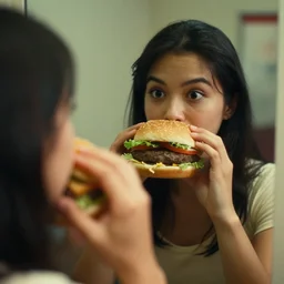 a sentient hamburger staring at himself in the mirror canon 5 0 mm, cinematic lighting, photography, retro, film, kodachrome, closeup
