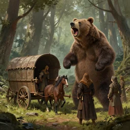 a detailed concept art of a combat between a big brown screaming bear and three medieval gipsies. medieval merchant wagon with a broken wheel. two horses. in the sherwood forest. trending on artstation, craig mullins, rutkowski