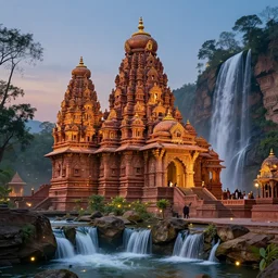 ancient india with ornate temples, waterfalls, and fireflies. digital art, 2 0 9 9