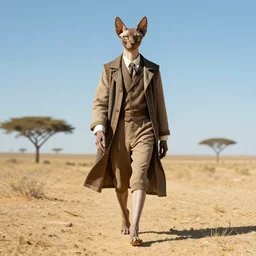 landscape, a realistic portrait and realism, a humanoid sphynx walking in 1 9 3 0 s clothes, fine art, sharp focus, ten flats, digital art, bright colors, trending on artstation, unreal engine.