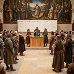medieval peasants on family feud game show, face off podium, answer board above in the background, renaissance painting, high detail, wide angle