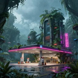 a beautiful hyperdetailed render of nature industrial architecture gas station unfinished building by shigeru ban, neon signs bioshock myst sea nature studio ghibli apocalyptic futuristic cyberpunk rainforest, archdaily, wallpaper, highly detailed, trending on artstation.