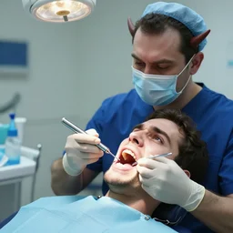 a evil dentist preparing to pull a scared mans teeth, 4k
