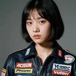 ektachrome, 3 5 mm, highly detailed : incredibly realistic, youthful asian demure, perfect features, feminine cut, beautiful three point perspective extreme closeup 3 / 4 portrait photo in chiaroscuro style 1 9 7 0 s frontiers in flight leather suit made of sewn together motor racing logos cosplay fashion, roger deakins