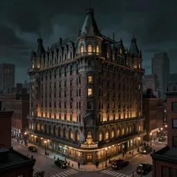 cartoon of a 1 9 2 0 s gothic style hotel in downtown boston, overlooking a dark street, h. p. lovecraft, architectural, atmospheric lighting, brooding, painted, intricate, ultra detailed, well composed, best on artstation, cgsociety, epic, horror, stunning, gorgeous, intricate detail, much wow, masterpiece, cinematic aesthetic octane render, 8 k hd resolution,