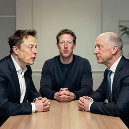 portrait of elon musk, mark zuckerberg, jeff bezos, in meeting together, same table, very detailed, art contest winner on behance, trendy on deviant art, by by artgem, greg rutkowski