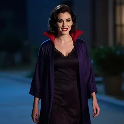 a female vampire walking home at night, trending on cgsociety, hard lighting, professional studio, head and shoulder shot, smile, vibrant
