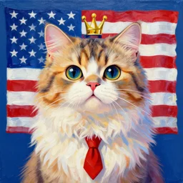 a cat becoming president of the united states, psychedelic illustration, acrylic art, excellent composition, cat become president, cute fluffy cat