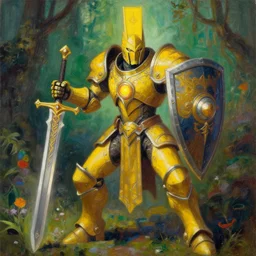 full body, attack position abstract painting in lush fantasy environment of a ornate holy mechanical warforged with circular glowing eye, character in yellow armor holding a legendary paladin engraved holy great longsword and carrying a huge heavy paladin shield, vertically flat head, face in focus, epic, cinematic lighting, by Ross Tran, by Greg Rutkowski, by Christopher Balaskas
