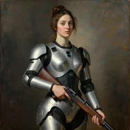 Woman wearing futuristic garments, with a rifle, a painting by Sorolla