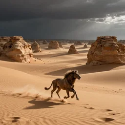 beast galloping across the sand, karst landscape desert, wide shot, concept art by greg rutkowski
