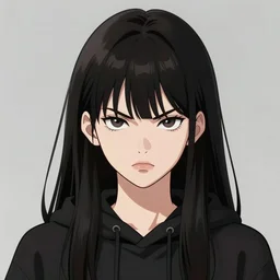 portrait of a beautiful korean girl with very long hair and bangs, angular features, angry expression, wearing a black hoodie, in the style of studio trigger, extremely clean lines, anime and manga style