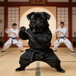 high quality and realistic professional photo of a black pug acting as a ninja, in background beautiful japanese kung - fu scenography, photo by olivero toscani