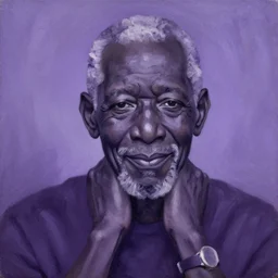 old black man, woeful and smiling, monochrome purple, oil painting by aaron douglas,