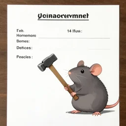 a character reference sheet of a rat holding a hammer