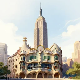 The Empire state building in a parallel universe, designed by Antoni Gaudi, designed by Antoni Gaudi, by Antoni Gaudi, in the style of Antoni Gaudi, inspired by Antoni Gaudi, architectural illustration, CG Society