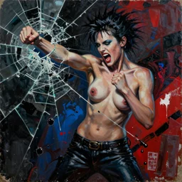 screaming sophisticated woman from fight club in fighting action detailed mixed media collage with canvas texture in style of contemporary art, punk art, photorealism, sensual bodies, expressionism, masterpiece, perfect composition, spectacular quality, intricate oil details, broken glass photo, torn paper intricate texture, large cracks, liquid glue spots, dark black and red and blue chaotic background