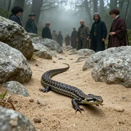 a detailed shot of a common european viper in a sand path, in avila mountains, vibora, european adder, granite rocks, misty forest, mysterious + katsuhiro otomo and ilya repin and caspar david friedrich and lawrence alma - tadema and moebius and james jean and loish and lya kuvshinov + mike jordana, konstantin porubov, valeri