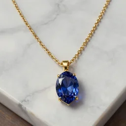 A very highly detailed pointed faceted sapphire necklace with a thin gold chain and gold setting, resting on a polished marble countertop, digital rational painting art by Lindsey Look, Mike Bierek, Kamila Szutenberg, David Auden Nash, Franz Vohwinkel, Volkan Baga, Sung Choi, Ryan Pancoast, highly detailed, digital concept art, professional product shot, studio lighting, from above, sharp focus, realistic concept art rendered in Octane Render