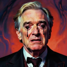 A psychedelic portrait of evil demonic jeff bezos crying black tears, vibrant color scheme, highly detailed, in the style of romanticism, cinematic, artstation, Moebius, Greg rutkowski