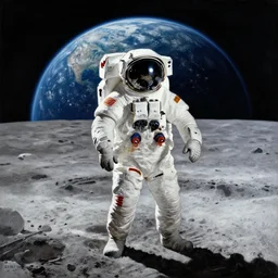a painting of astronauts walking on the moon with the earth in the background, by howard finster