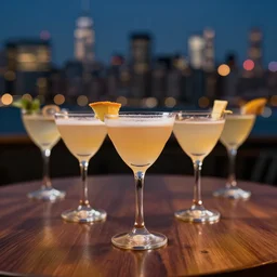 5 5 mm photo of best cocktail on a wooden table with the new york city skyline in the background. dof. bokeh. magical atmosphere. highly detailed 8 k. intricate. lifelike. soft light. nikon d 8 5 0.