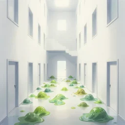 a flood of slime in a bright white hallway with many doors and many stairs, Mc Escher architecture, epic composition, by Makoto Shinkai
