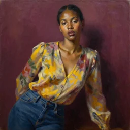 detailed portrait in femininity, ethnic, realistic face sculpted features, statuesque model leaning, modern fashion, floral blouse and jeans, warm glow, supple, bathed in light, chiaroscuro, specular highlights, angular impressionism, radiosity, plum and yellow color scheme, deep rich tones, contemporary art, oil on canvas
