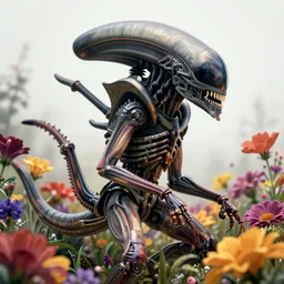 a detailed photo of a xenomorph by h. r. giger and tom bagshaw, side view, xenomorph surrounded by colorful flowers, 2 4 mm lens, deviantart, 8 k, trending in artstation, selling in etsy