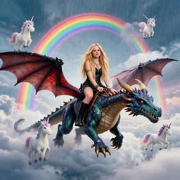 photograph of avril lavigne riding a dragon through the clouds with rainbows and unicorns, high medieval fantasy, full color digital art, cinematic shot, portrait, wide shot.