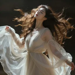 highly intricate and vivid art of a beautiful woman with long, flowing hair. she is clad in a diaphanous gown which billows around her in an invisible wind. her eyes are closed, and her face is upturned, as if she is lost in reverie.