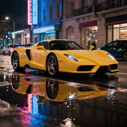 a ferrari enzo parked on a rainy city street, reflected in a puddle, neon lights, night time, beautiful lighting