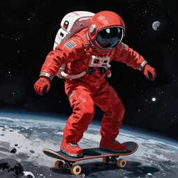 red astronaut on skateboard, by shigenori soejima, finely detailed feature, anime, space, deroo, pixiv top monthly, trending on artstation, cinematic, danbooru, zerochan art, kyoto animation, studio trigger