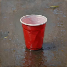 a single crumpled red plastic cup on wet sidewalk as a classical painting, oil painting, epic lighting, epic composition