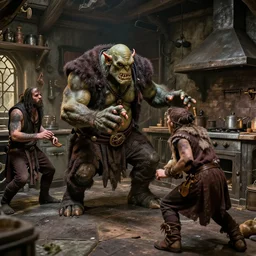 british magical hobo breaks into some ork's kitchen and attacks them, orc kitchen, 4 k, detailed, real life photo