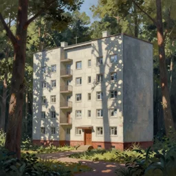 beautiful matte painting of cute soviet block of flats hrushevka in end of forest by marc simonetti,