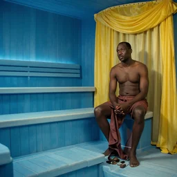 movie still by djibril diop mambety of a blue neoclassical sauna with yellow drapery next to a lake, cinestill 8 0 0 t 3 5 mm, heavy grain, high quality, high detail, isometric view