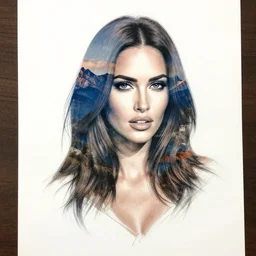 double exposure effect tattoo design sketch of a megan fox portrait blended with beautiful mountain scenery, surreal, in the style of matteo pasqualin, amazing detail, sharp