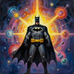 batman achieves godhood and creates a new multiverse. vibrant, cosmos, secret knowledge. oil painting in the style of thomas hart benton.