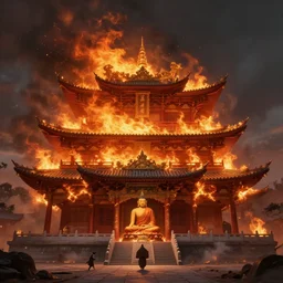 burning buddhist temple, by james gurney, matte painting, 4 k, masterpiece, digital art, octane render, good lighting, epic