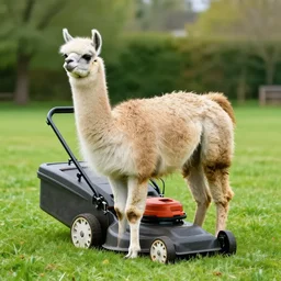 llama mowing the lawn