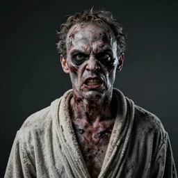 bill murray as angry zombie, horror core, apocalyptic, bathrobe, dry - wounds, left eye hanging out, broken collarbone, dramatic, the feeling of grimdark, sharp focus, fiction, hyper detailed, digital art, trending in artstation, cinematic lighting, studio quality, smooth render, unreal engine 5 rendered, octane rendered, art style and nixeu and wlop and krenz cushart