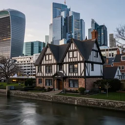 realistic photo of a tudor style detached house surrounded by skyscrapers, a river flowing through the scene, dusk, architecture photography