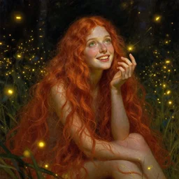 infp girl, smiling, amazed by the lights of golden fireflies, sitting in the midst of nature fully covered, long loose red hair, intricate linework, dreamy green eyes, small nose with freckles, oval shape face, realistic, expressive emotions, dramatic lights, spiritual scene, hyper realistic ultrafine art by filippo vitale, albert bierstadt and artgerm