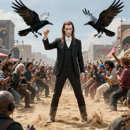 highly detailed full body portrait nick cave as sandman from dc comics fighting a large crowd, the crow, clive barker, unreal engine, global ilumination, radial light, sharp focus, vivid color scheme, gothic fantasy art by cristian sauret, greg rutkowski, lee bermejo, carlos huante, artgerm, makoto shinkai and clay mann